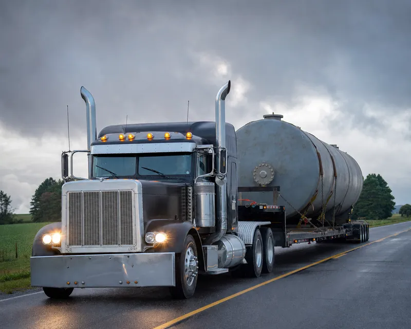 Heavy haul semi truck carrying an industrial tank