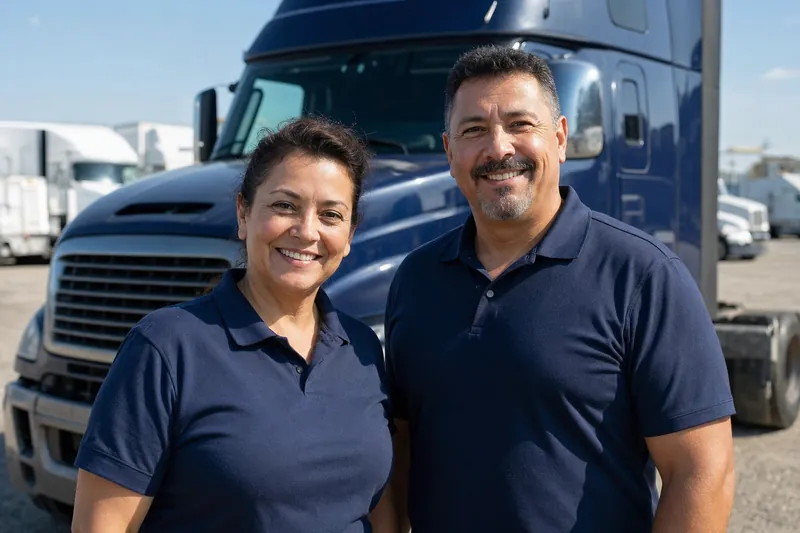 Two truck drivers standing in front of a semi truck