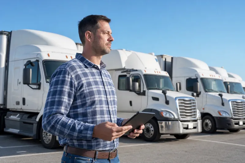Logistics coordinator with a tablet at a truck yard